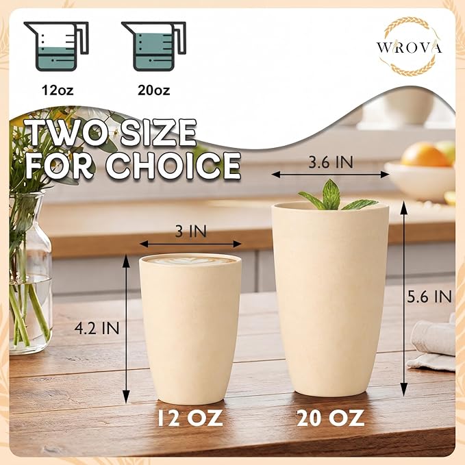 Wrova Wheat Straw Cups 6 PCS Good Alternative to Plastic Reusable Cups 12 oz Unbreakable Drinking Cup Reusable Dishwasher Safe Water Plastic Glasses Beige
