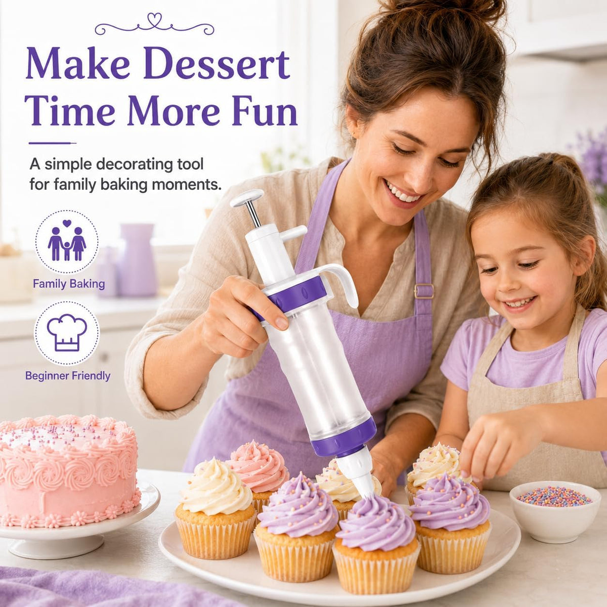 Frosting Piping Kit with Syringe Dispenser, 5 Nozzles, 3 Cake Scrapers Icing Dispenser Tool Cake Decorating Kit for Cupcakes, Cookies, Dessert Filling and Deviled Eggs (2 nozzles not included)