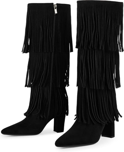 Knee High Boots Women Fold Over Knee High Boots Chunky High Heels Long Boots Zipper Pointed Toe Dress Tall Boots for Women
