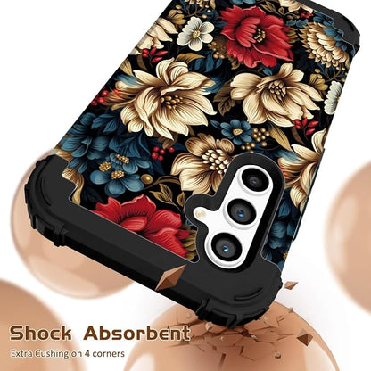 SleekCover 3 in 1 Floral Case for Galaxy A15 Case,6.5" Black Flower | 3 in 1 Floral Pattern Soft Silicone Rubber Bumper+Hard Plastic Protective Samsung Galaxy A15 Case