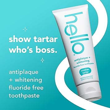 hello Antiplaque and Whitening Fluoride Free Toothpaste, Whitening Toothpaste with Coconut Oil and Tea Tree Oil, Helps Whiten Teeth, Natural Peppermint, 4.7 Oz Tube