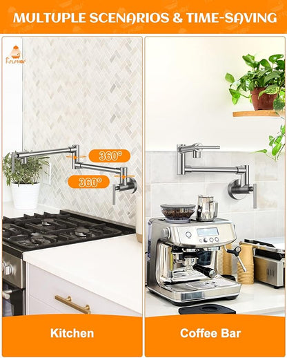 Pot Filler, Pot Filler Faucet Wall Mount, Metal Folding Stretchable with Double Joint Swing Arm Single Hole Two Handles Kitchen Restaurant (Brushed Nickel)