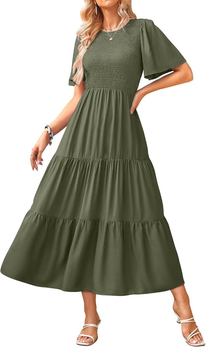 KIRUNDO Summer Dresses for Women 2026 Spring Casual Flutter Short Sleeve Wedding Guest Smocked Flowy Tiered Aline Midi Dress