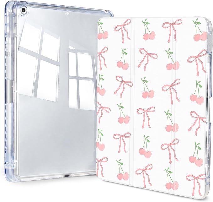 Case for iPad 9th/ 8th/ 7th Generation Case 10.2 Inch (2021/2020/2019 Release), Slim Trifold Clear Back Transparent Cover with Pencil Holder & Auto Sleep/Wake Cover,Bow Cherry Print