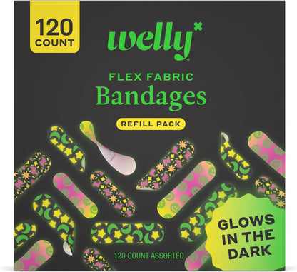 Welly Bandage Glow-in-the-Dark Refill Pack | Adhesive Flexible Fabric Bandages | Assorted Shapes and Patterns for Minor Cuts, Scrapes, and Wounds - 105 Count (Mostly complete set. 55 short, 50 long)