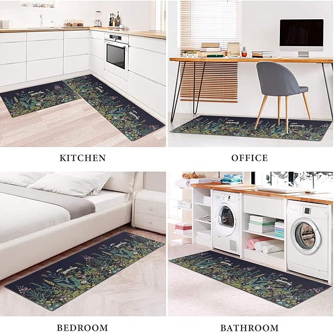 Farmhouse Kitchen Rugs and Mats Sets of 2, Weeds Floral Kitchen Decoration Rubber Backing Non-Slip Mats for Sink Waterproof Floor Mat for Laundry Room,17x3017x48inch