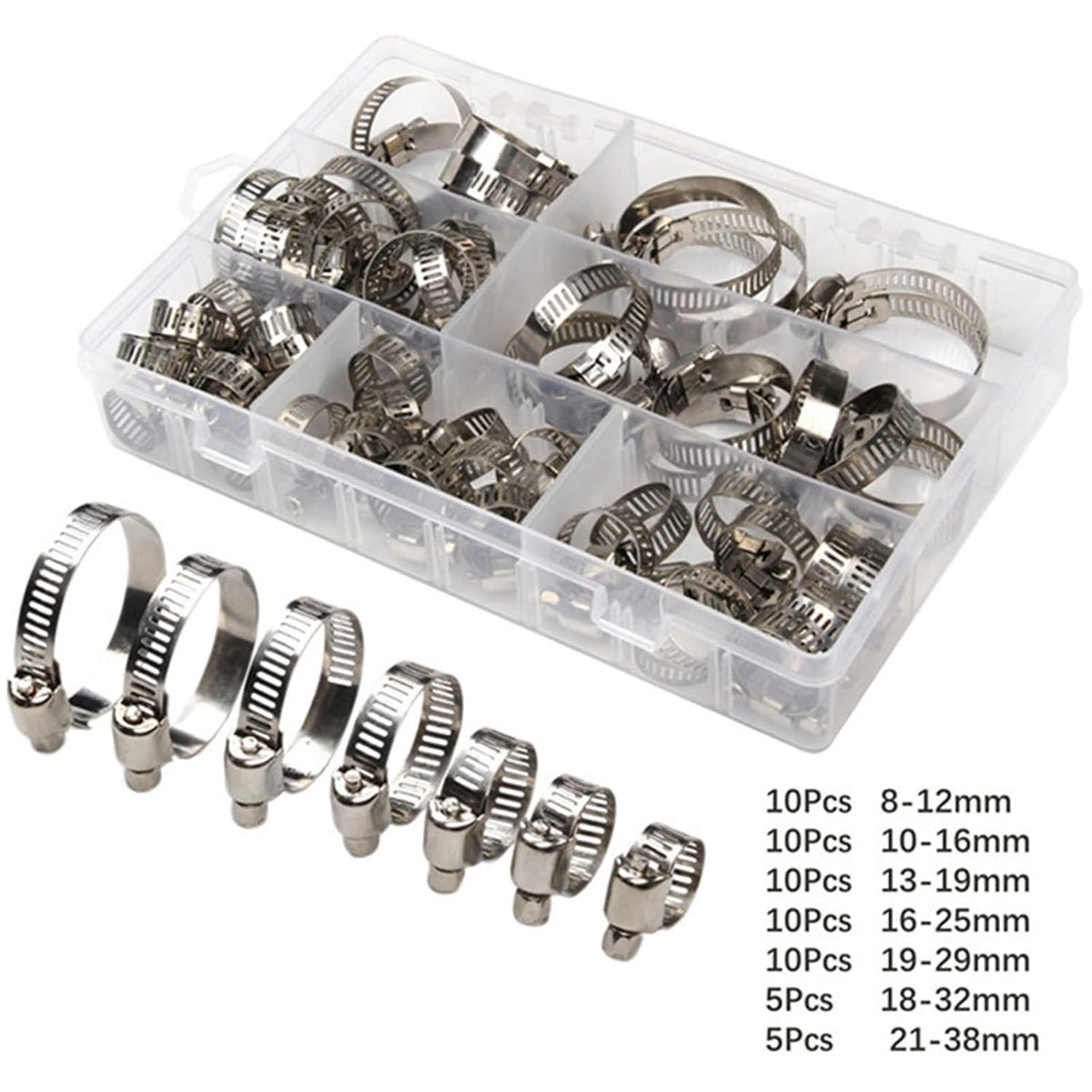 Adjustable Stainless Steel Hose Clamps Set - 40/60Pcs Worm Gear Screw Clamps Assortment (8-38mm) For Pipe Tubing Connection