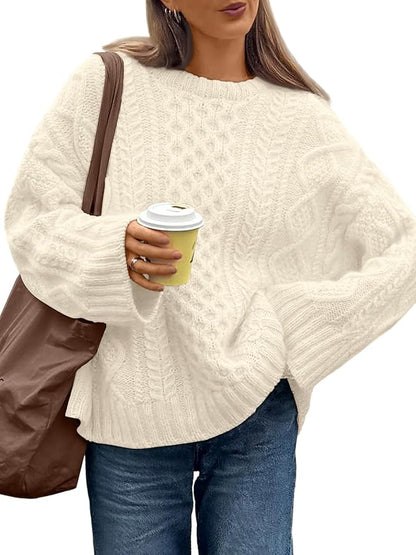 Trendy Queen Womens Oversized Cable Knit Sweaters 2026 Fall Fashion Outfits | Crewneck Fall Fashion Clothes Winter Clothing, Chunky Knit Texture, Cute Holiday Outfit Pullover Tops, Easy Layering Piece