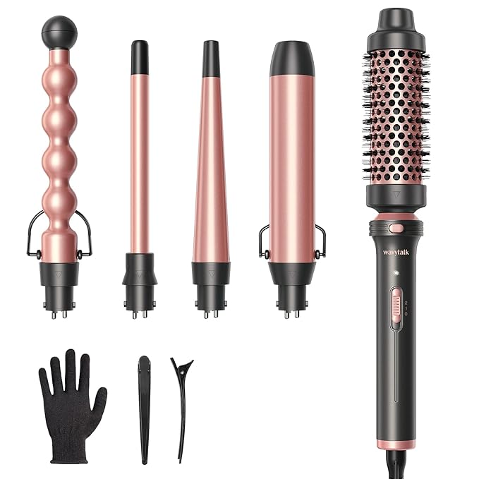 Wavytalk 5 in 1 Curling Wand Set, Multi Curl, Curling Wand Set with Curling Brush and 4 Interchangeable Ceramic Curling Wand(0.5-1.25), Instant Heat Up Wand Curling Iron (Rose Gold)