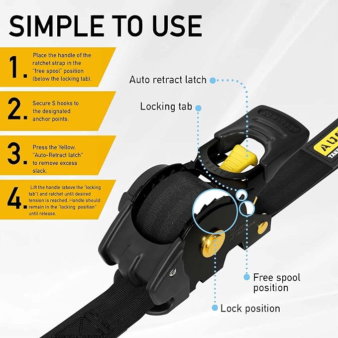 AUGO Retractable Ratchet Straps  2 Heavy Duty Ratchet Straps Self Retractable Tie Down Straps with Soft Loops  Storage Bag for Motorcycle, Truck, Trailer, Cargo Van  1200 Lb Break Strength 1a x 10aTM