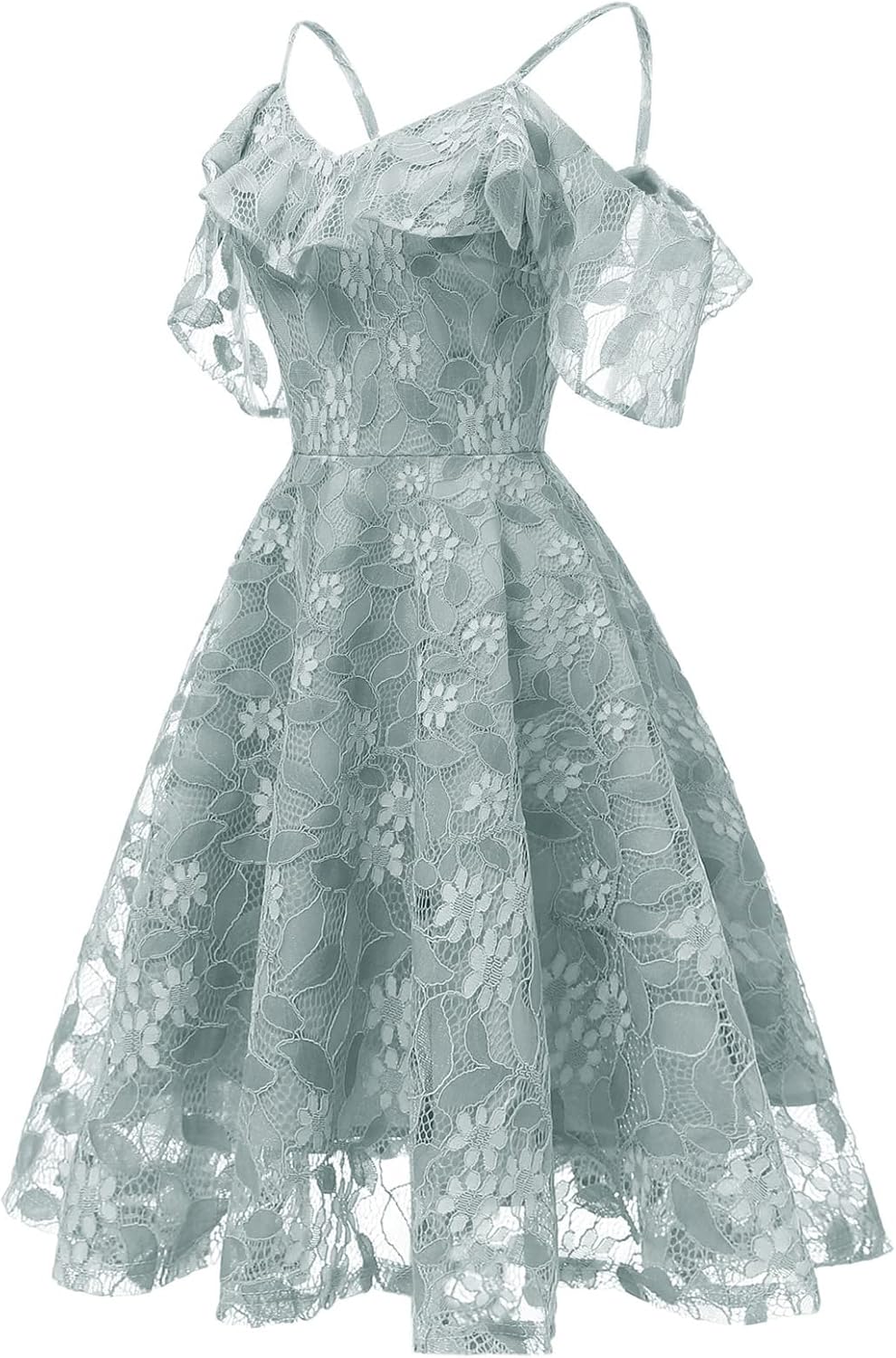 IWEMEK Women Spaghetti Strap Floral Lace Bridesmaid Cocktail Party Dress Cold Shoulder Ruffle Sleeve Wedding Guest Prom Dress.