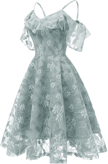 IWEMEK Women Spaghetti Strap Floral Lace Bridesmaid Cocktail Party Dress Cold Shoulder Ruffle Sleeve Wedding Guest Prom Dress.