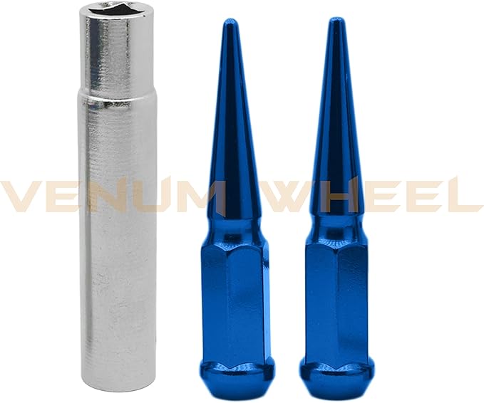 (6) Blue Spike Lug Nuts 12x1.5 Thread Pitch  Fits Aftermarket Wheels Acorn Seat with Tall Socket for Removal 4.5" Solid Piece