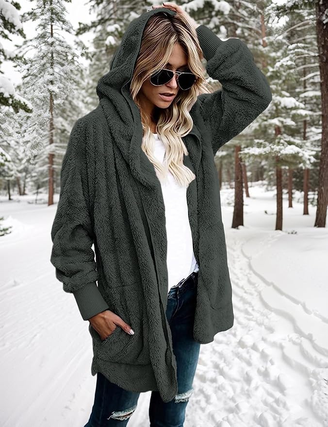 Zilcremo Women Hooded Cardigan Fuzzy Jacket Winter Open Front Fleece Coat Outwear with Pockets