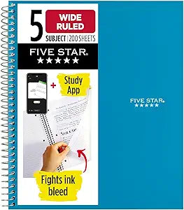 Five Star Spiral Notebook  Study App, 5 Subject, Wide Ruled Paper, Fights Ink Bleed, Water Resistant Cover, 8" x 10-12", 200 Sheets, Tidewater Blue (73196)