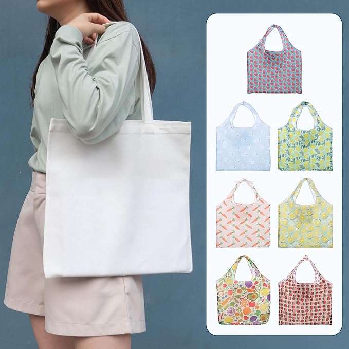 uxcell Reusable Grocery Bags, Printed Washable Shopping Totes with Handles, Foldable Cloth Grocery Bag for Shopping, Camping