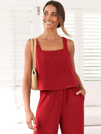 ANRABESS Women's 2 Piece Outfits Linen Pants Jumpsuit Matching Lounge Set Casual Summer Beach Vacation Trendy Clothes