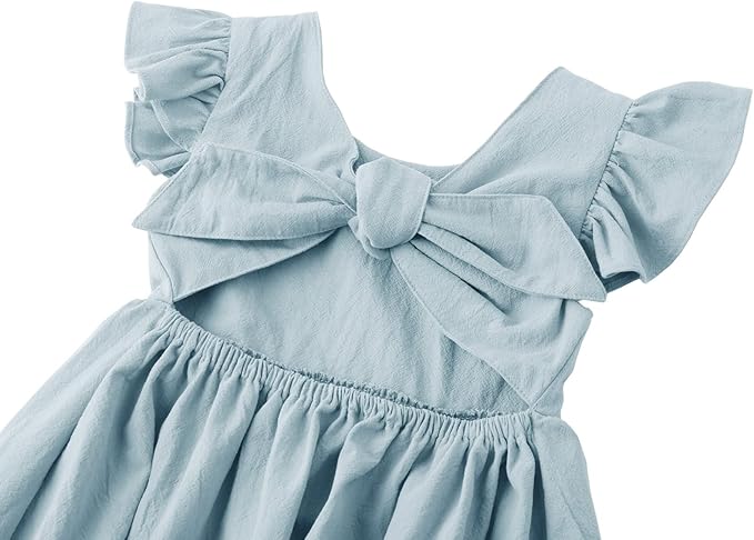 Toddler Baby Girl Cotton Linen Summer Dress Ruffle Sleeve Back Bowknot Kids Beach Dresses