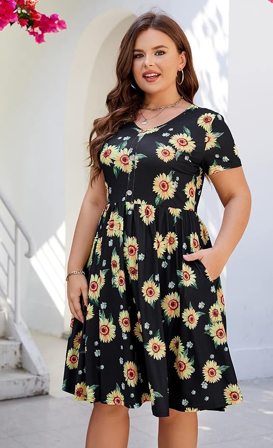 BEDOAR Women's Short Sleeve Colorblock Button Down Knee-Length Flared A-Line Casual