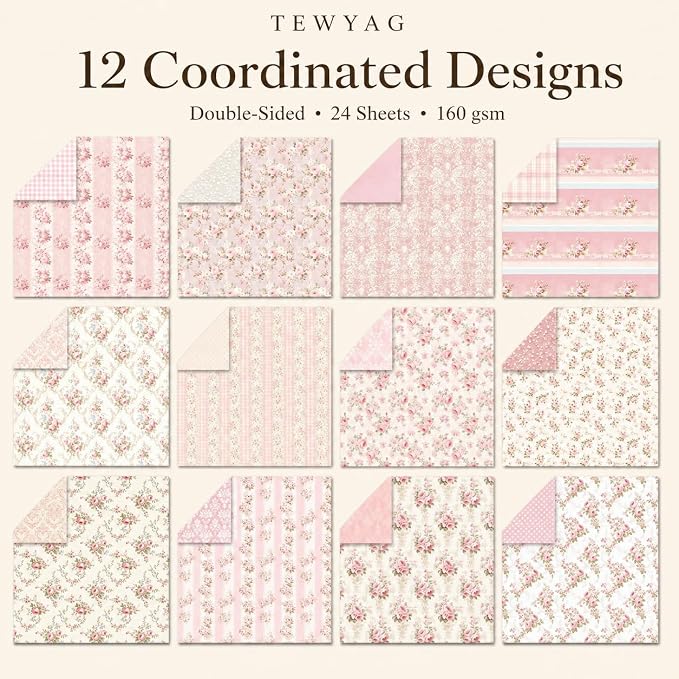 Floral Pink Scrapbook Paper Pad, 6x6 Aesthetic Craft Paper, 24 Sheets Double-Sided Decorative Patterned Decorative Junk Journal Supplies for Mixed Media, Card Making, Decoupage & DIY Art