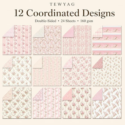 Floral Pink Scrapbook Paper Pad, 6x6 Aesthetic Craft Paper, 24 Sheets Double-Sided Decorative Patterned Decorative Junk Journal Supplies for Mixed Media, Card Making, Decoupage & DIY Art