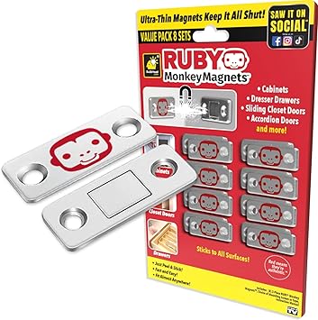 RUBY Monkey Magnets AS-SEEN-ON-TV, Ultra-Thin Magnetic Plates Keep It All Shut, Fast and Easy Installation, Just Peel & Stick, Slim Design Fits Virtually Anywhere, Cabinets, Drawers & More, 8 Sets