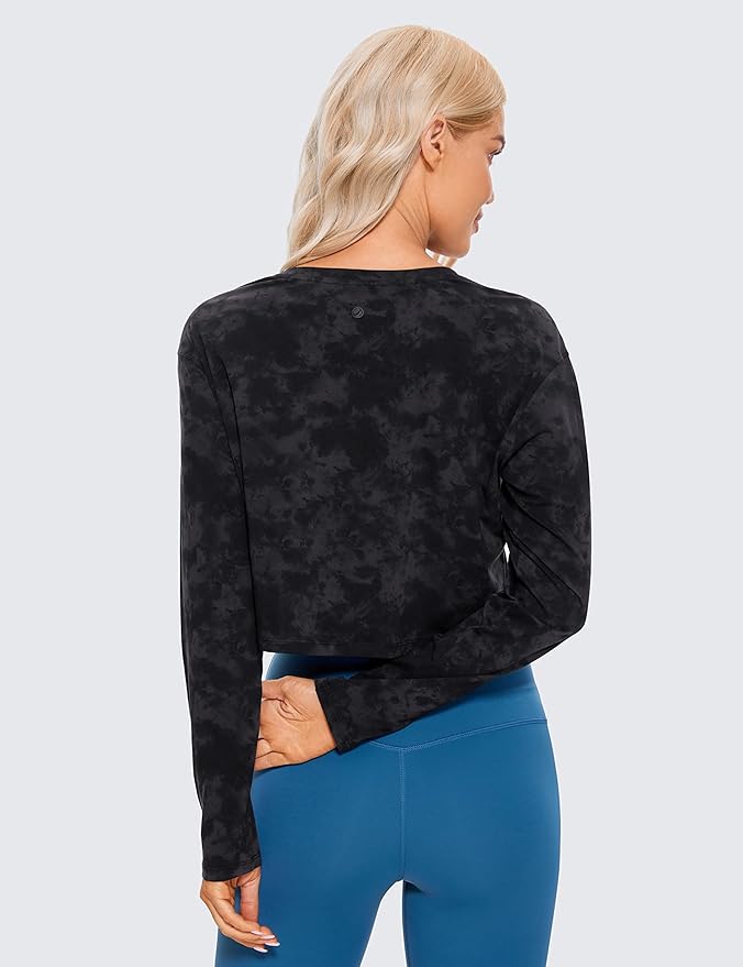 CRZYOGA Pima Cotton Long Sleeve Shirts for Women Loose Workout Crop Tops Athletic Gym Cropped Basic T-Shirts