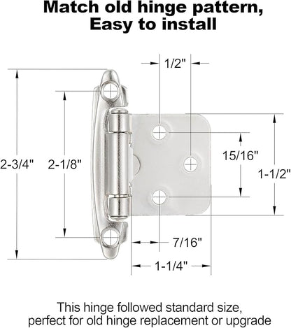 10 Pack (5 Pair) Brushed Satin Nickel Self-Closing Cabinet Hinges for Flush Mount Kitchen Cabinet Door, 1/2" Overlay (Variable) Face Frame Semi-Concealed Hinges