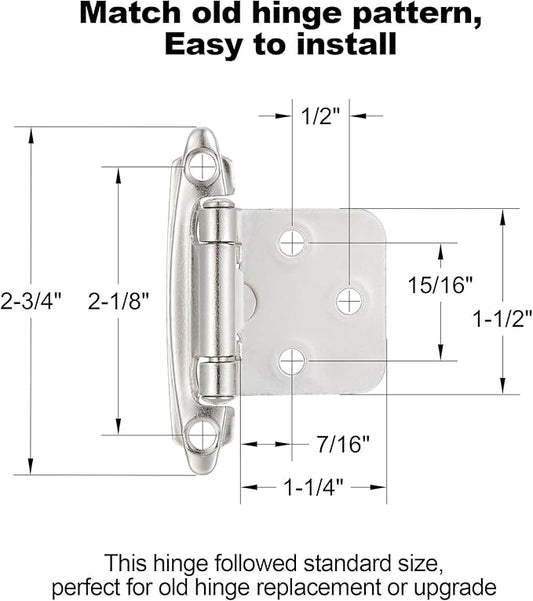10 Pack (5 Pair) Brushed Satin Nickel Self-Closing Cabinet Hinges for Flush Mount Kitchen Cabinet Door, 1/2" Overlay (Variable) Face Frame Semi-Concealed Hinges