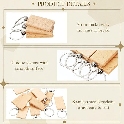 Yinkin 100 Pcs Wooden Keychain Blanks Bulk Laser Engraving Key Chain Unfinished Wooden Key Ring Tag for DIY Gift Crafts (Rectangle
