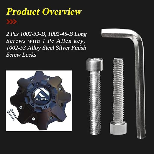 2 Pcs 1002-53-B, 1002-48-B Long Screws with 1 Pc Allen Key, 1002-53 Alloy Steel Silver Finish Screw Locks, Fit for Fuel Offroad Wheel Black Center Cap, No Center Cap Included