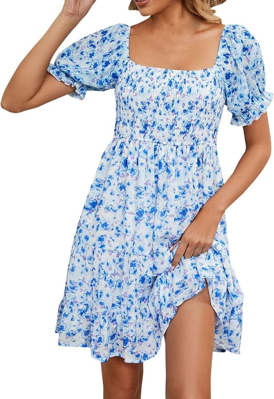Summer Dresses for Women 2024 Floral Printed Square Neck Tiered Ruffle Boho Swing Beach Dress