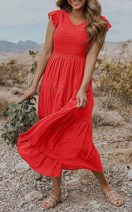 MEROKEETY Women's Flutter Sleeve Smocked Midi Dress V Neck Casual Tiered Dresses with Pockets
