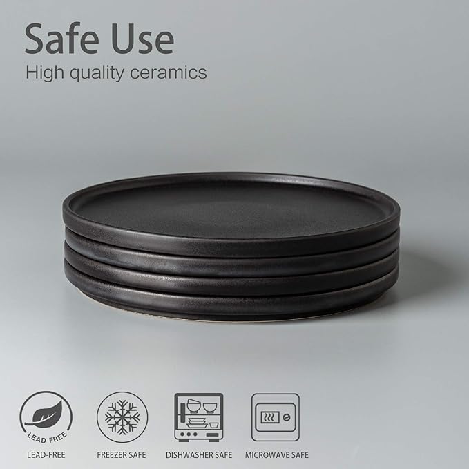AmorArc Ceramic Dinner Salad Plates Set of 4, 8.5 Inch Reactive Matte Glaze Dish Set, Dessert, Salad, Appetizer, Small Dinner Plate, Microwave, Dishwasher Safe,Scratch Resistant,Reactive Matte Black