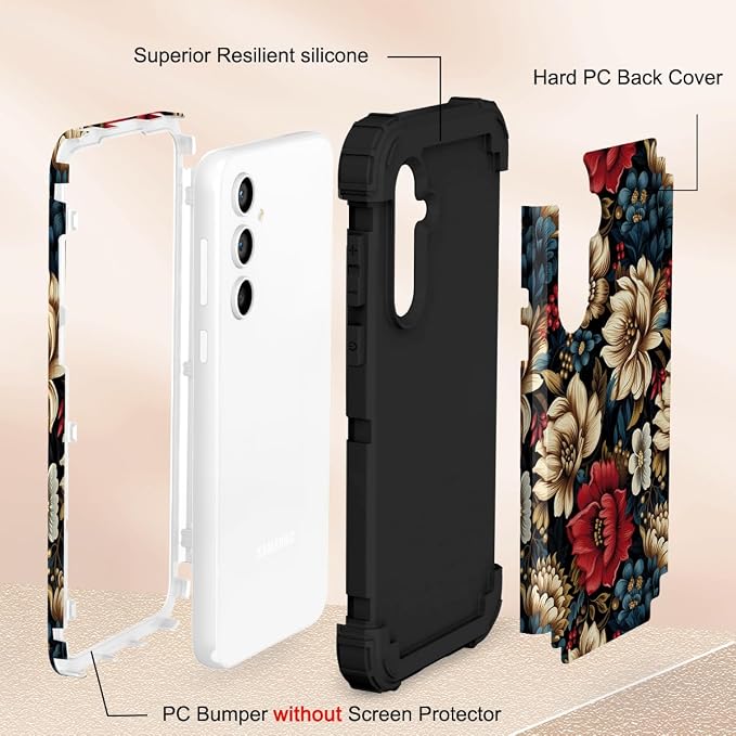 SleekCover 3 in 1 Floral Case for Galaxy A15 Case,6.5" Black Flower | 3 in 1 Floral Pattern Soft Silicone Rubber Bumper+Hard Plastic Protective Samsung Galaxy A15 Case