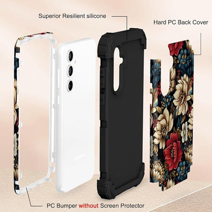 SleekCover 3 in 1 Floral Case for Galaxy A15 Case,6.5" Black Flower | 3 in 1 Floral Pattern Soft Silicone Rubber Bumper+Hard Plastic Protective Samsung Galaxy A15 Case