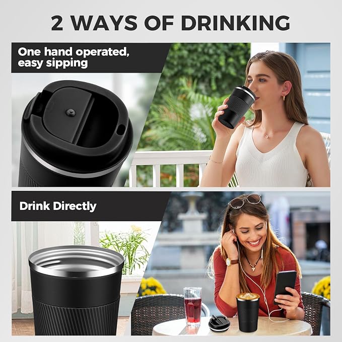 13 oz Stainless Steel Insulated Travel Coffee Mug with Fip Lid,Reusable Double Wall Vacuum Metal Coffee Cup,Portable to Go Leak Proof Cafe Thermal Tumbler for Hot & Cold Drinks(Black,1)