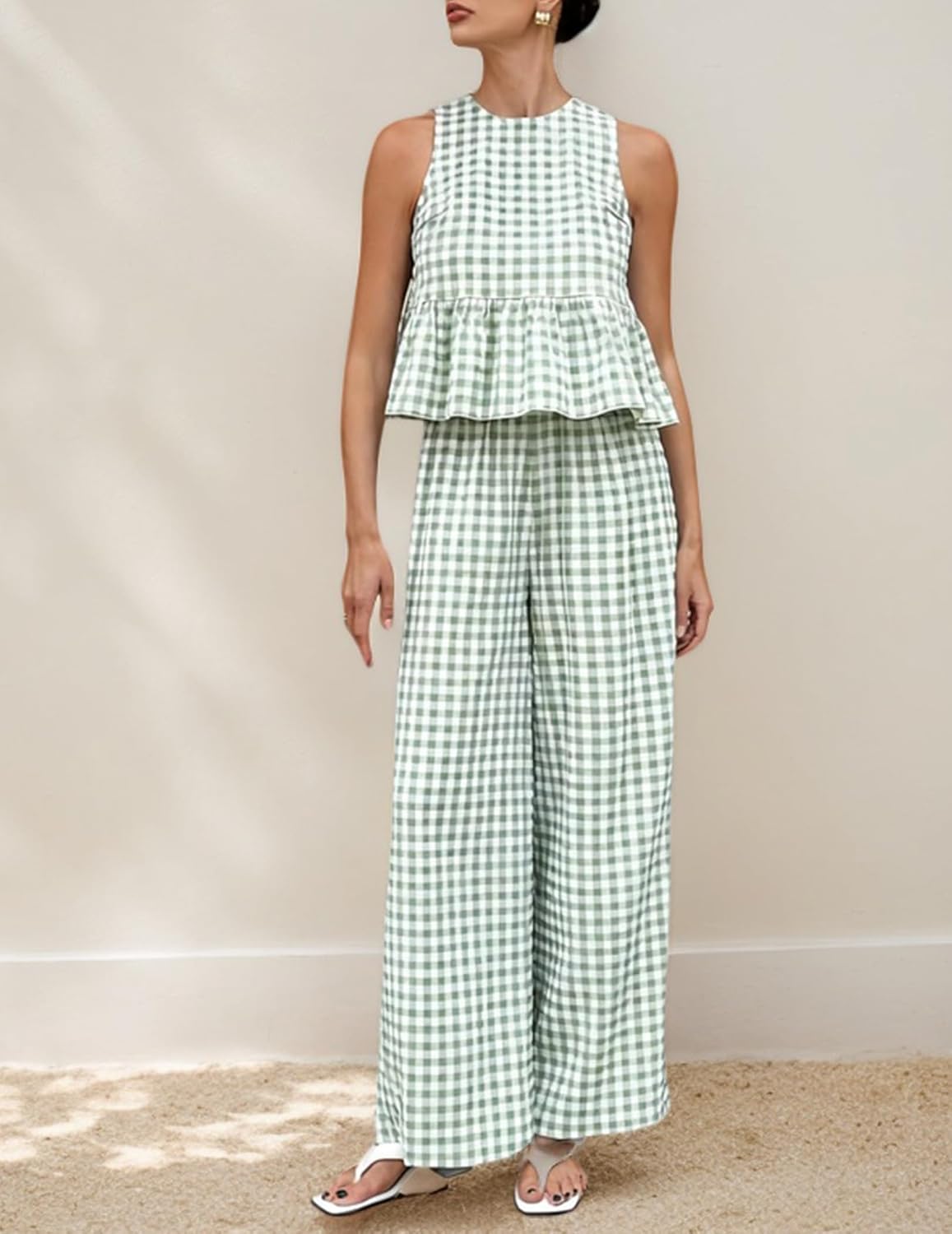 KCVVA Womens 2 Piece Gingham Set Cute Plaid Open Back Ruffle Outfits Tops and Pants Vacation Matching Lounge Sets.