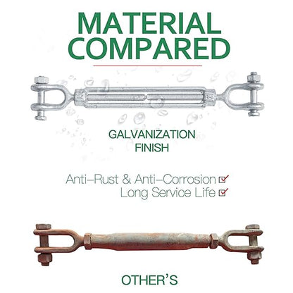 14" Jaw Jaw Turnbuckle Galvanized Jaw and Jaw Turnbuckle, Jaw Jaw Closed Body Marine Turnbuckle Jaw, 2000lbs Working Load Limit, Durable for Wire Rope Cable (14" x 4")
