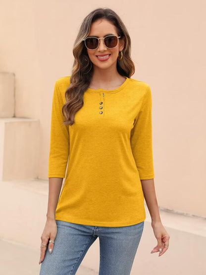 EADINVE Womens Crew Neck 3/4 Sleeve Tops Basic Button T-Shirts Solid Loose Cute Tunic Tee Blouses Fit Pullover