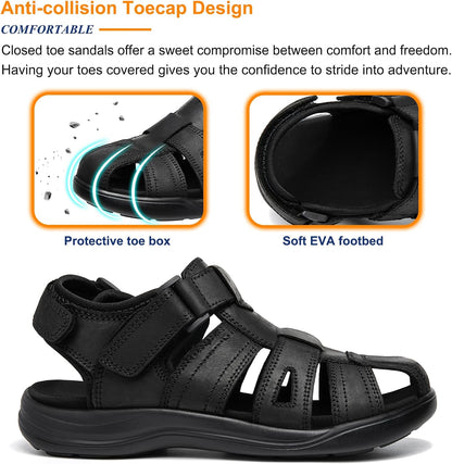 Size 13 Men's Sport Sandals Closed Toe Leather Hiking Athletic Walking Outdoor Beach Trail River Fishing Water Shoes Lightweight Comfortable Waterproof