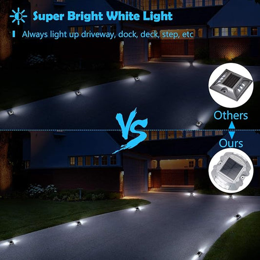 JACKYLED Upgraded Solar Driveway Marker Lights with Switch 6-Pack Solar Powered Dock Lights Outdoor Waterproof LED Deck Lighting Warning Road Studs for Boat Dock Pathway Runway, Bright White
