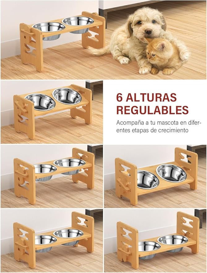 Vantic Elevated Dog Bowls, Adjustable Raised Dog Bowl Stand for Small Puppy and Cats, Sturdy Bamboo Pet Food Feeder with 2 Stainless Steel Dishes, Natural