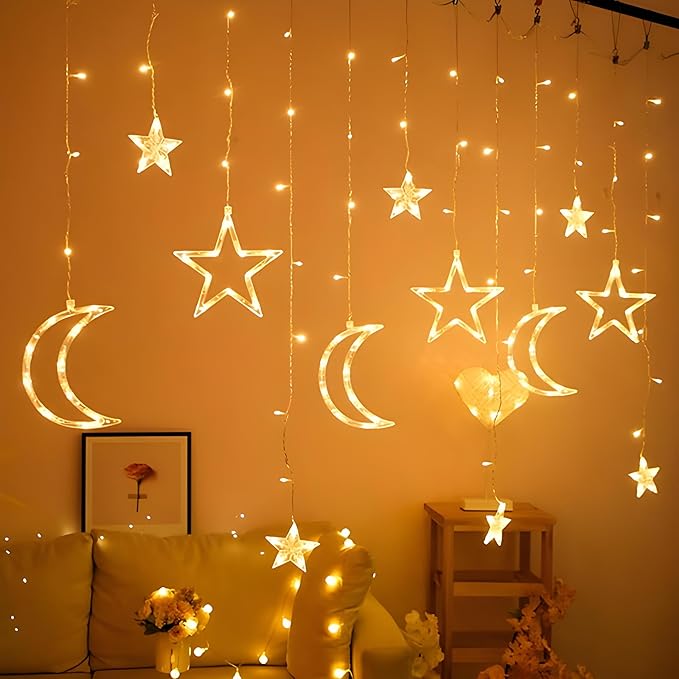 Islamic Holidays Moon Star Window Curtain Fairy LED Lights Decoration, Clear