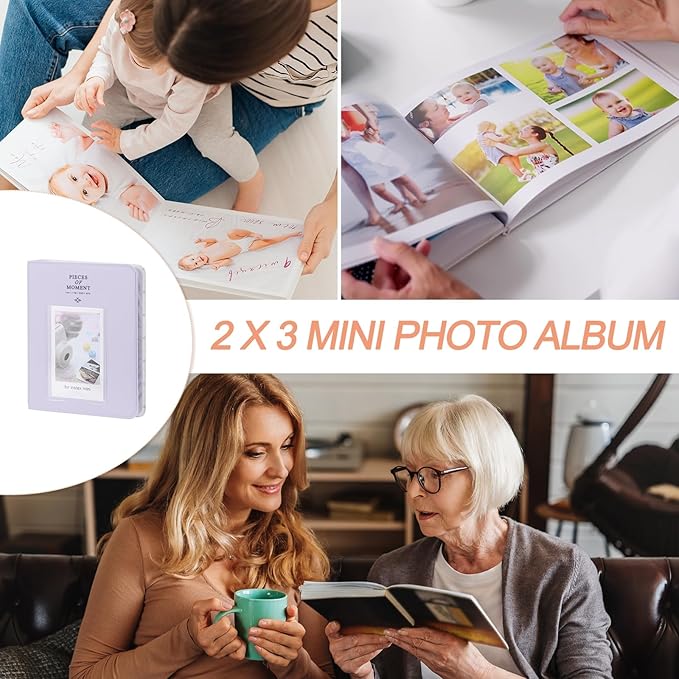 uxcell 64 Pockets Photos Album, Leather Cover 2 x 3 Small Photo Album with Front Window Instant Film Photo Album Book for Instant Camera Film, (Light Purple)
