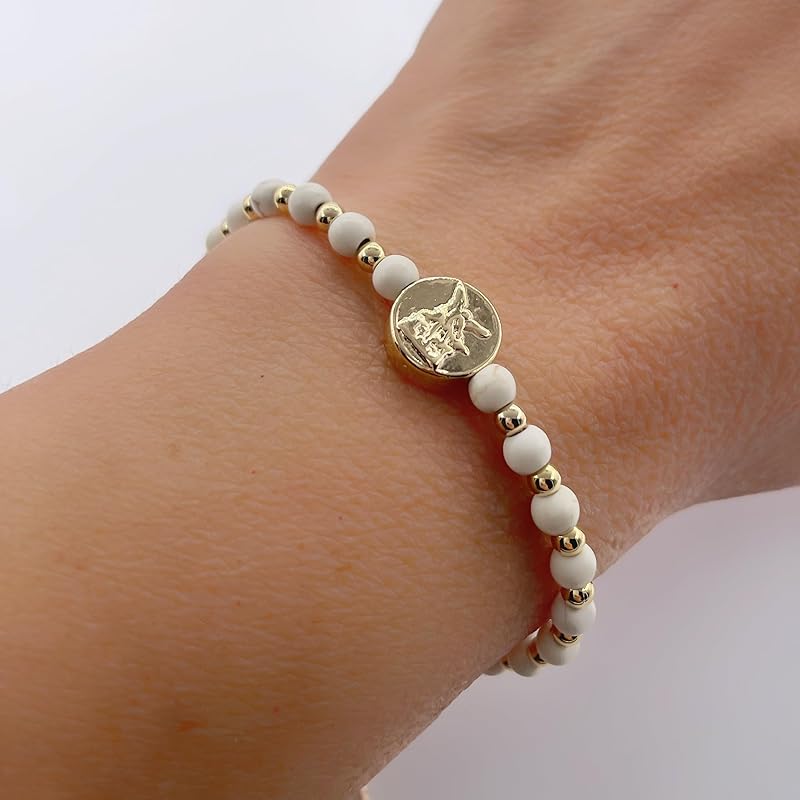 St Michael Archanel Coin and Natural Round White Turquoise Beads Adjustable Bracelet for Women (White Turquoise)