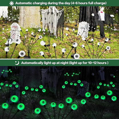 Halloween Decorations Outdoor Solar Scary Eyeball Lights,2PACKS 12LED Green Eyeball Swaying Firefly Lights,Waterproof Solar Halloween Path Lights for Yard Garden Lawn Party Decor