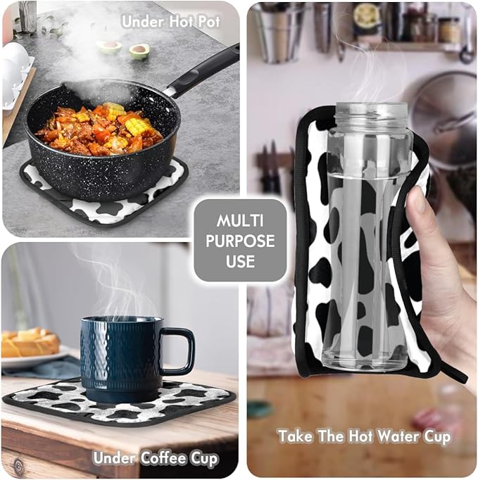 Cow Oven Mitts Set, Kitchen Oven Mitts and Pot Holders Set, Heat Resistant Hot Pads and Oven Mittsfor Baking Cooking Grilling BBQ