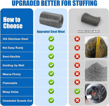 Valchoose Upgraded Not Rusty 5X 30 Ft Stainless Steel Mesh Gap Blocker, Flexible Stainless Steel Wool Holding up Well Tight Spots, Wire Mesh Hole Fill Fabric, Stainless Steel Mesh Roll Easy to Work
