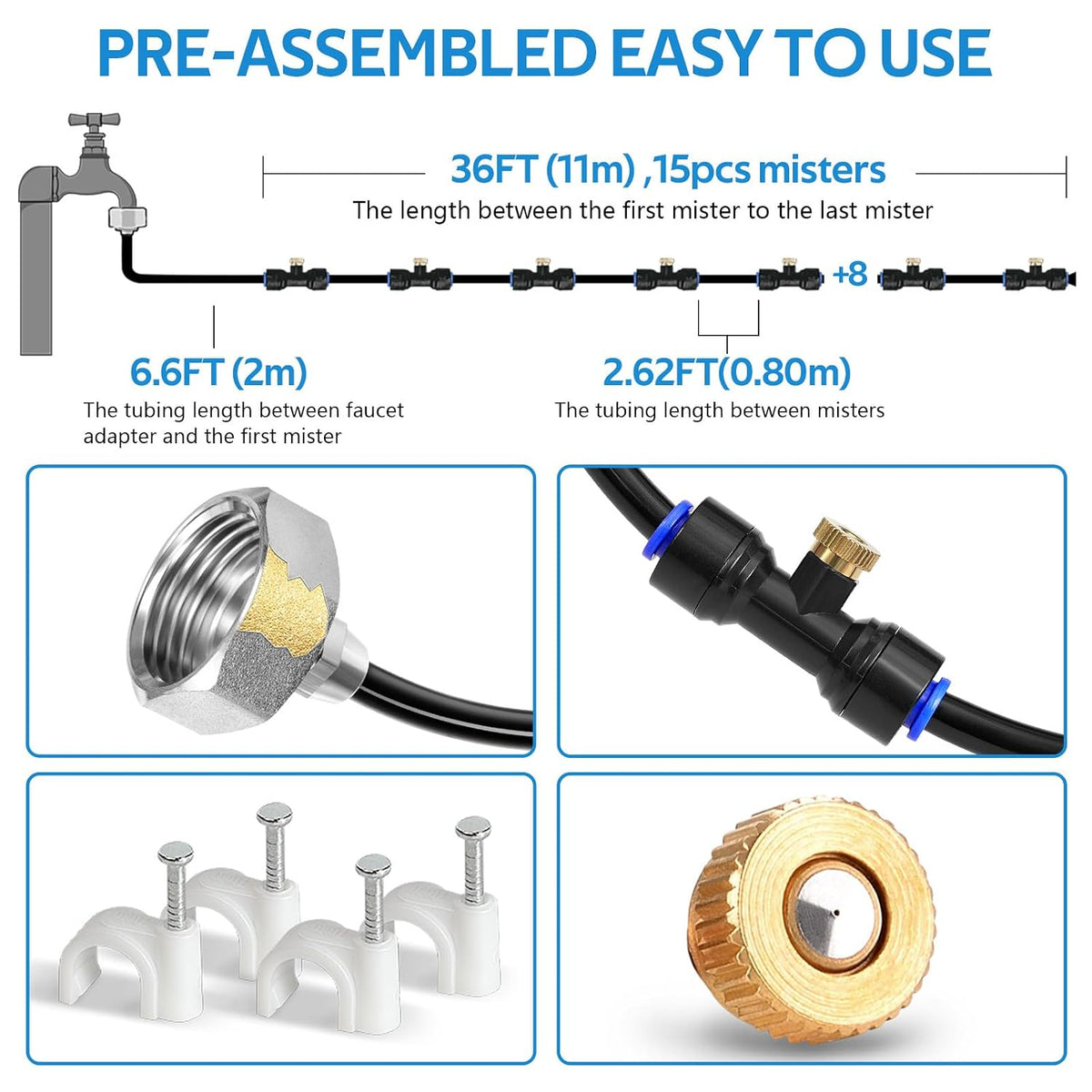 HOMENOTE Misting Cooling System Green, 42FT(13M) Pre-Assembled Kit with 15 Brass Nozzles & 3/4" Brass Adapter, Cooling Mister for Patio, Backyard, Pets, Garden & Greenhouse